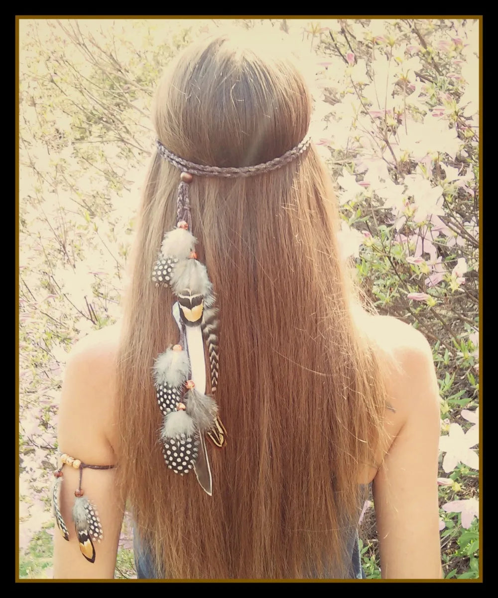 Gypsy Fashion Beautiful Boho Style Feather Headband Headdress Tribal Hair Feather Rope Headpieces Hippie Party