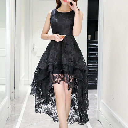 Summer High Low Retro Dress Vintage Women Sleeveless Front Back Short Long Organza Lace Dress Ladies Elegant Party Dress  (Available)