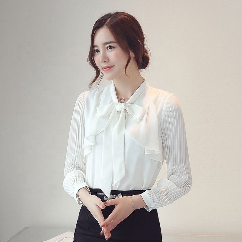 Latest Design Fashion Elegant Korean Bowknot Office Chiffon Shirt