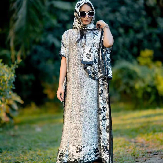 free size satin silk printed long Kaftan plus size muslim women dress