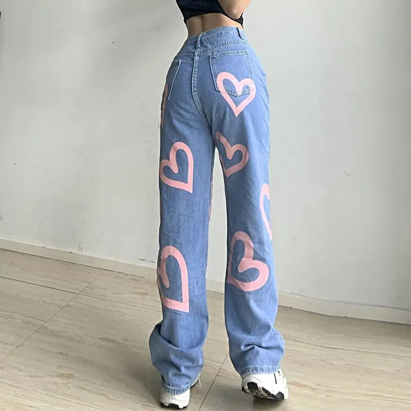 High Waist Heart Print Jeans Ladies Denim Trousers Pants