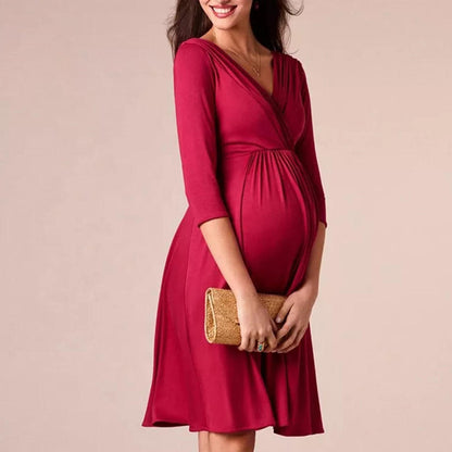 Women's Faux Wrap Maternity Dress with Adjustable Belt V Neck Breastfeeding Pregnancy Dresses Casual Nursing Dress