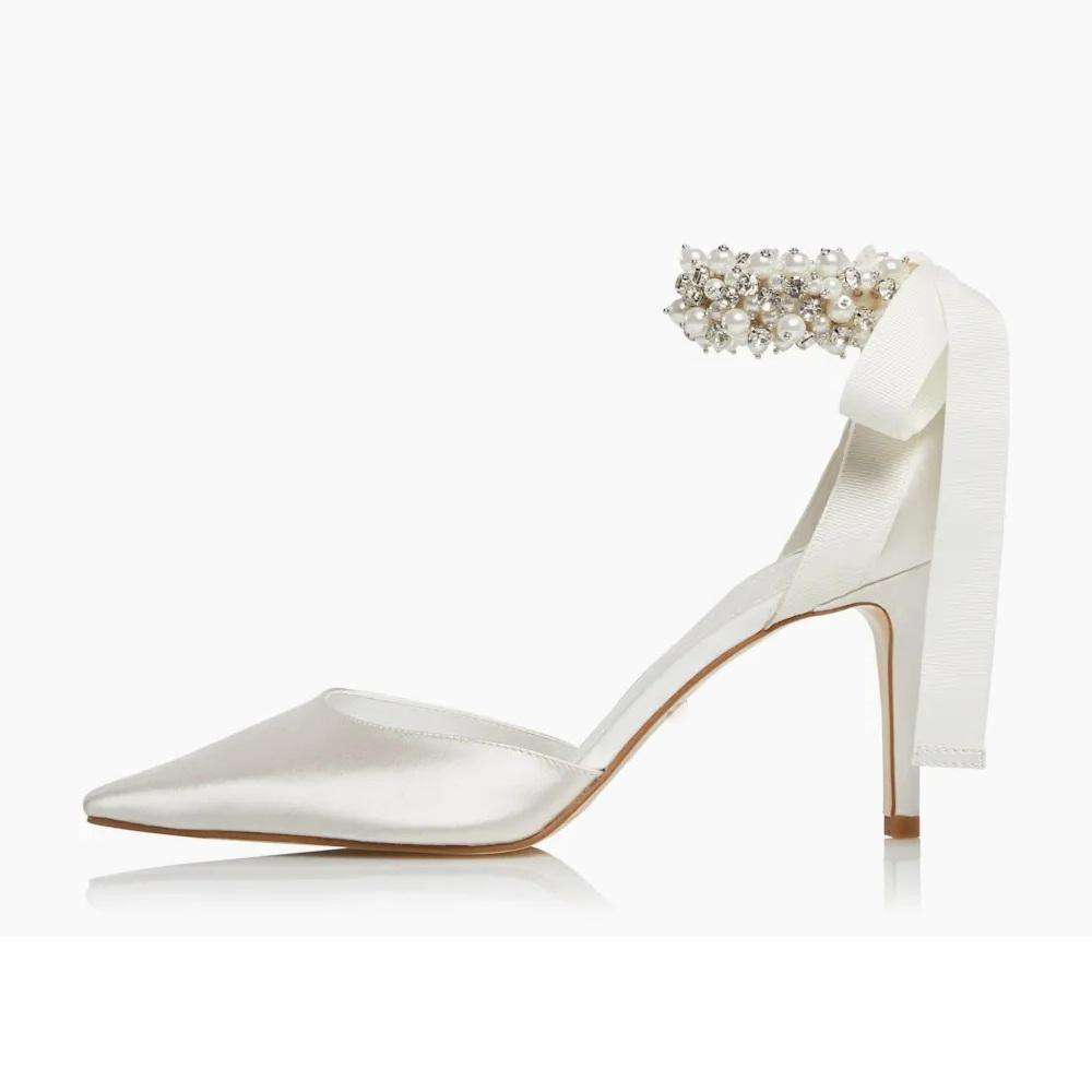 Ladies Bridal Shoes Elegant White Satin Stiletto Heels Ankle Strap Pumps