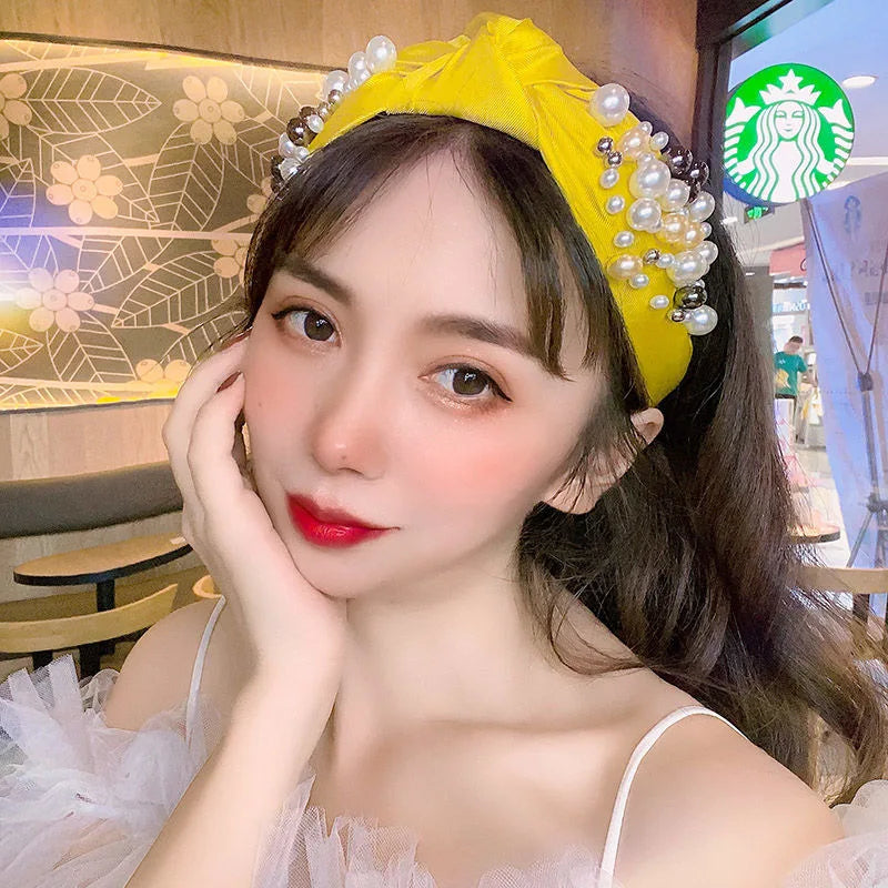 Fashion Pearl Hairbands Hair Accessories Women Solid Color Fabric Knotted Headbands Boutique