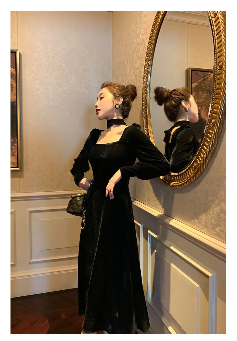 Sexy Dress Women French Retro Vintage Square Collar Waist Office Lady Wine Red Golden Velvet Autumn and Winter Female Clothing