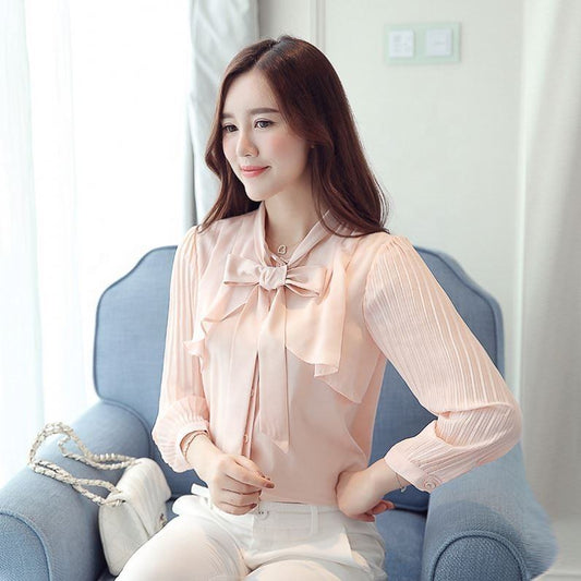 Latest Design Fashion Elegant Korean Bowknot Office Chiffon Shirt