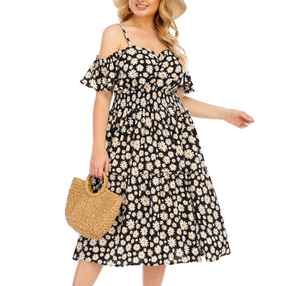 Elegant Summer Midi Plus Size Off- Shoulder Chiffon Floral Puff Sleeves Strapless