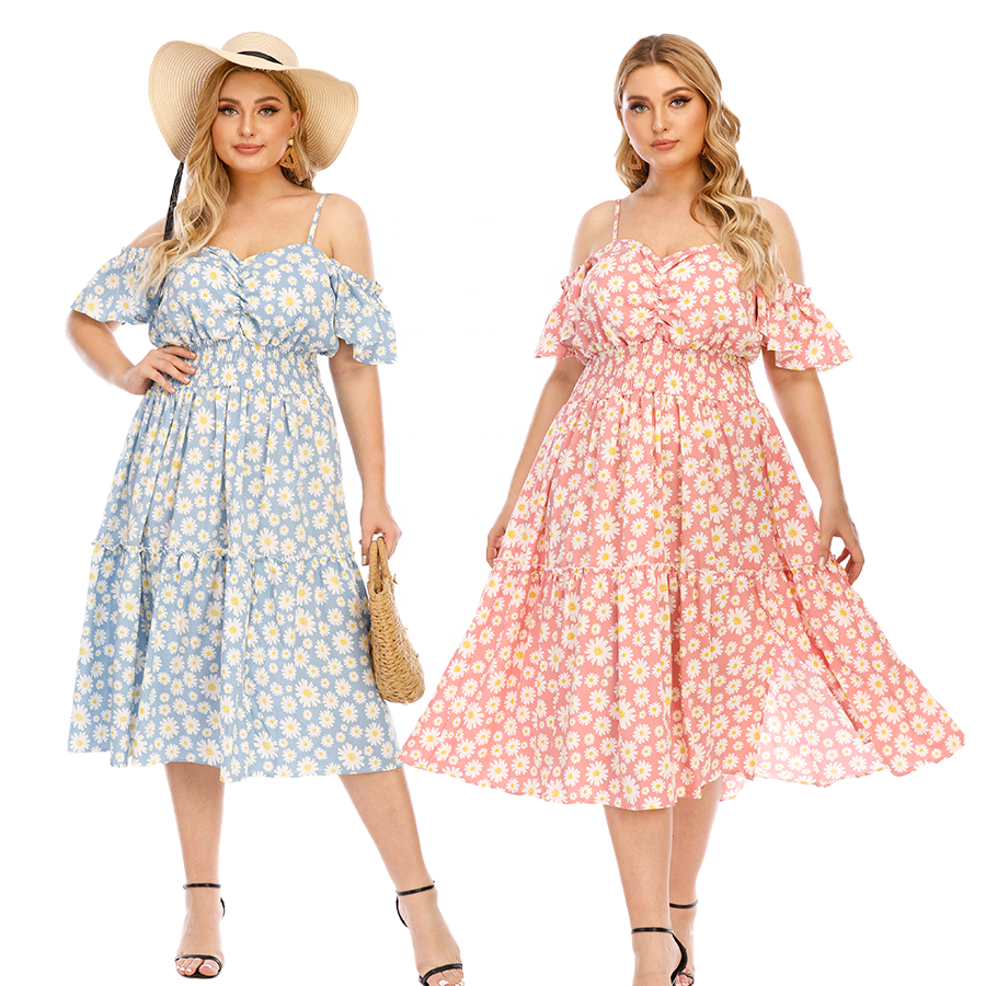 Elegant Summer Midi Plus Size Off- Shoulder Chiffon Floral Puff Sleeves Strapless