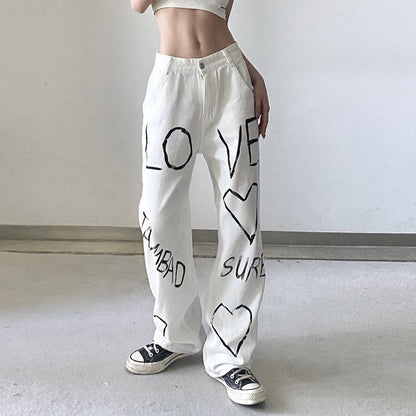 High Waist Heart Print Jeans Ladies Denim Trousers Pants