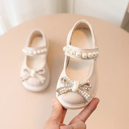 Kids Fashion Pearl Bow Knot PU Leather Princess Shoes for Girls Butterfly Baby Shoes