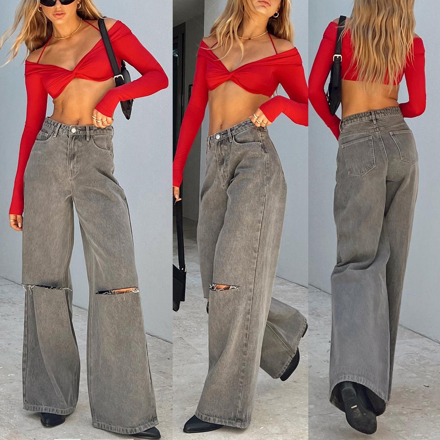 Classical ladies autumn new arrival high waist loose leg solid soft wool pants