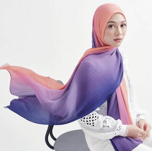 Ombre pleated chiffon scarf women Gradient tudung hijab ombre pleated shawl Ladies Chiffon Hijab