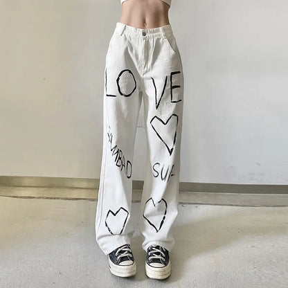 High Waist Heart Print Jeans Ladies Denim Trousers Pants