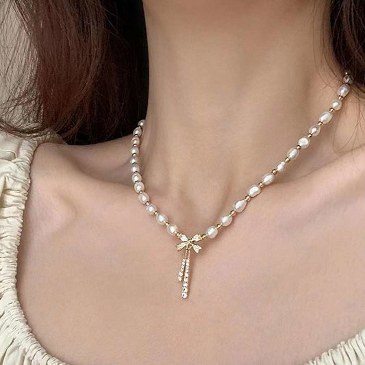 Bow Knot Clavicle Chain 5-6mm Natural High Quality Rice Shape Freshwater Pearl Necklace Beautiful Women Pearl Jewelry Necklace