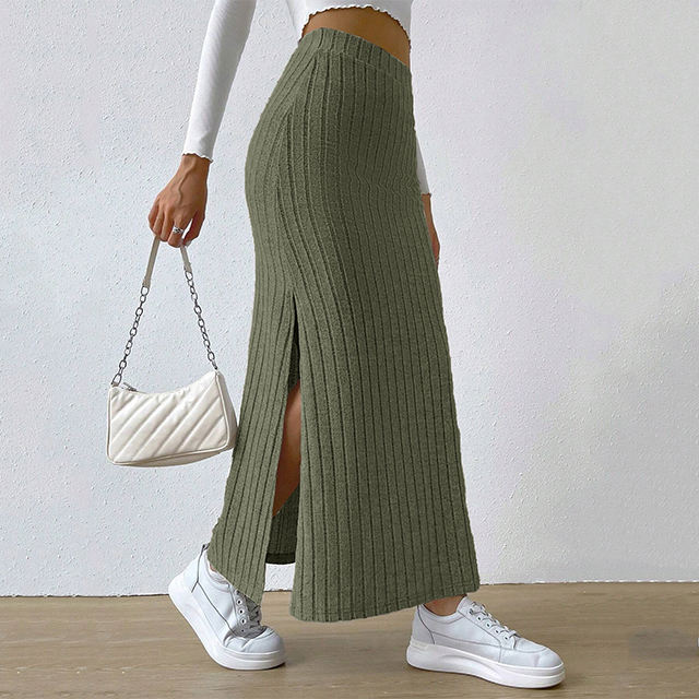 Summer New High Waist Side Split Slim Fit Plus Size Knitted Long Maxi Skirt Women