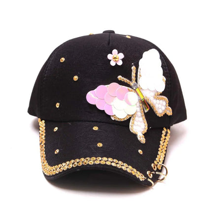 Autumn Women's Baseball Cap Women Full Crystal Colorful Big Butterfly Hat Cotton Shiny Metal Snapback Caps Hip Hop hats