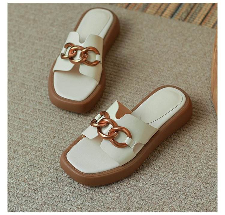 New Arrival Fashion Woman Thick Sole Sandal Outdoor Metal Buckle Square Toe Slippers Sexy Casual Shoes For Ladies