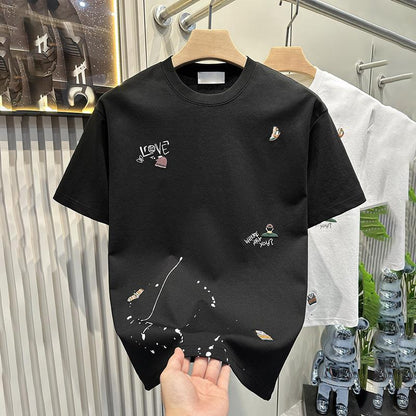 Men's Clothing New Korean Fashion Embroidered T-shirt Short-sleeved Bottoming Shirt 2024 Summer New Versatile Round Neck Top