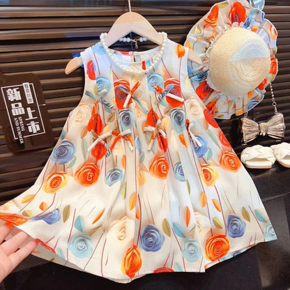 Girls Rose Flower Bowknot Dress 2025 Baby Sweet Princess Dress Sleeveless Vest Dress with Hat  (Available)