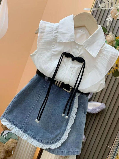 Girls princess style suit summer new baby girl flying sleeve shirt + denim lace skirt pants two-piece suit    (Available)