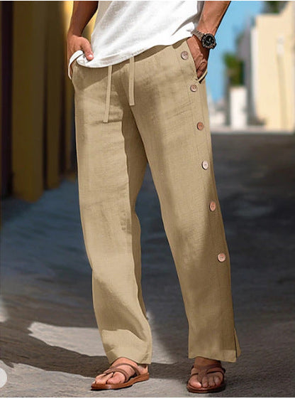 Men's Linen Trousers Drawstring Elastic Waist Side Buckle Solid Color Breathable Comfortable