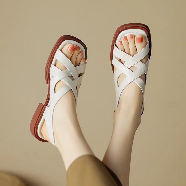 Women's Patent Leather Low Heel Square Toe Beach Sandals  (Available)
