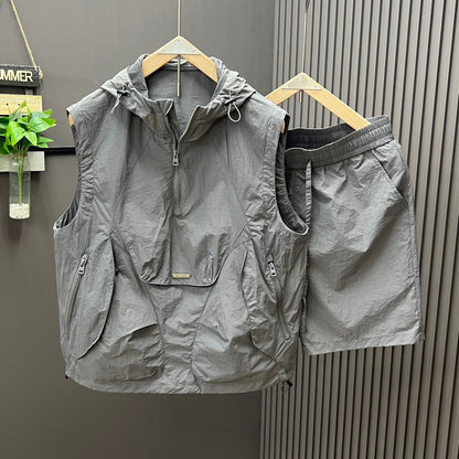 Casual Hooded Vest Suit Men's Summer Workwear Thin Loose
