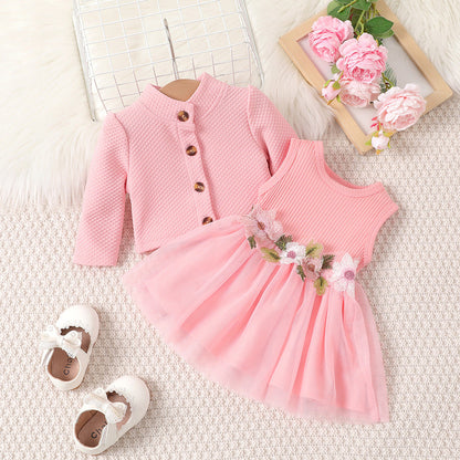 Girl's spring and autumn style waist flower design dress (Available)