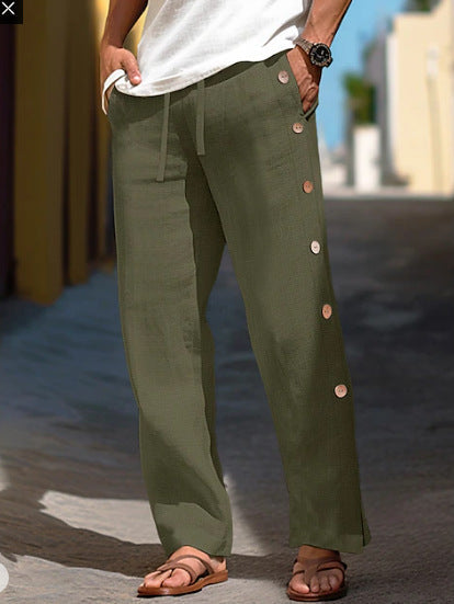 Men's Linen Trousers Drawstring Elastic Waist Side Buckle Solid Color Breathable Comfortable    (Available)