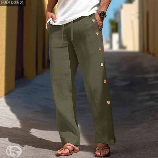 Men's Linen Trousers Drawstring Elastic Waist Side Buckle Solid Color Breathable Comfortable    (Available)