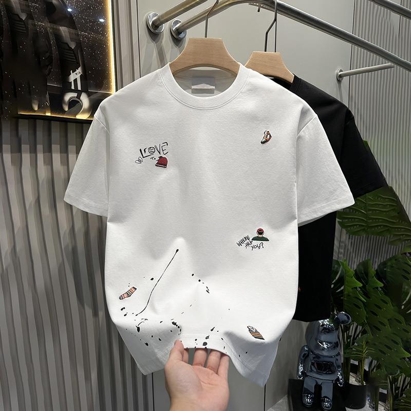 Men's Clothing New Korean Fashion Embroidered T-shirt Short-sleeved Bottoming Shirt 2024 Summer New Versatile Round Neck Top