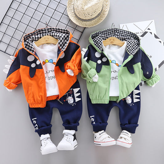 High quality Kids set baby boy dinosaur hooded jacket three -piece set