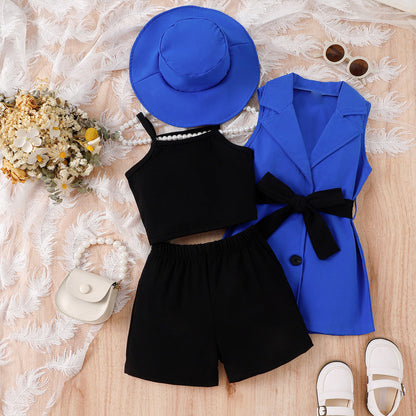 Girls suits for small and medium-sized children: suspender bottom + shorts + sleeveless suit jacket + hat 4Pcs set (Available)