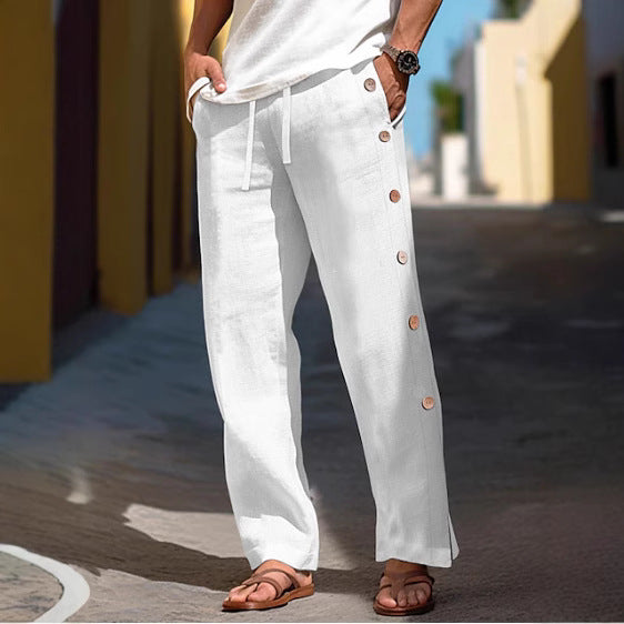 Men's Linen Trousers Drawstring Elastic Waist Side Buckle Solid Color Breathable Comfortable    (Available)