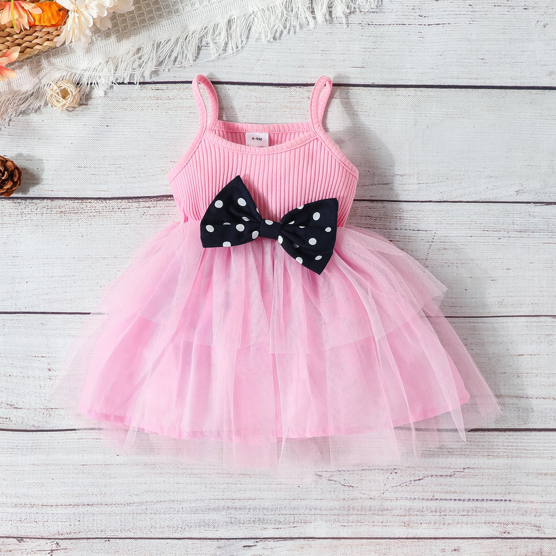 girls skirt suit baby and toddler sling mesh bow dress + polka dot lapel Tops