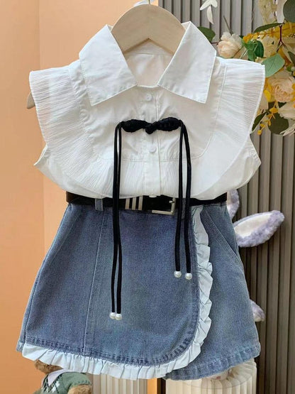 Girls princess style suit  summer new baby girl flying sleeve shirt + denim lace skirt pants two-piece suit (Available)