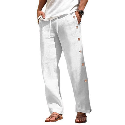 Men's Linen Trousers Drawstring Elastic Waist Side Buckle Solid Color Breathable Comfortable