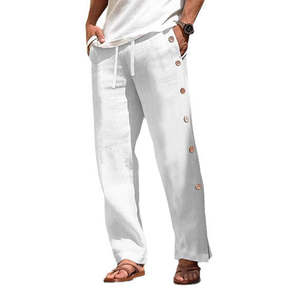 Men's Linen Trousers Drawstring Elastic Waist Side Buckle Solid Color Breathable Comfortable    (Available)