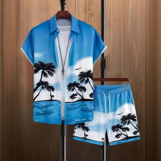 Short Sleeve Men's Summer Loose Foreign Trade Cross-border Casual Hawaiian Floral Beach Shirt Shorts