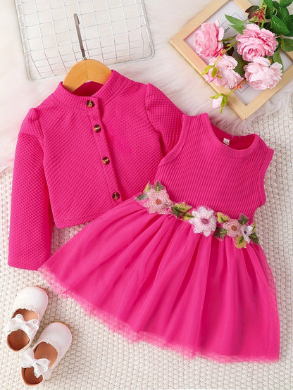 Girl's spring and autumn style waist flower design dress (Available)