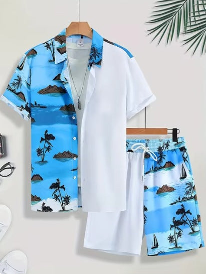 Short Sleeve Men's Summer Loose Foreign Trade Cross-border Casual Hawaiian Floral Beach Shirt Shorts