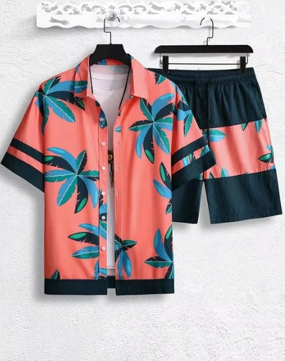 Short Sleeve Men's Summer Loose Foreign Trade Cross-border Casual Hawaiian Floral Beach Shirt Shorts