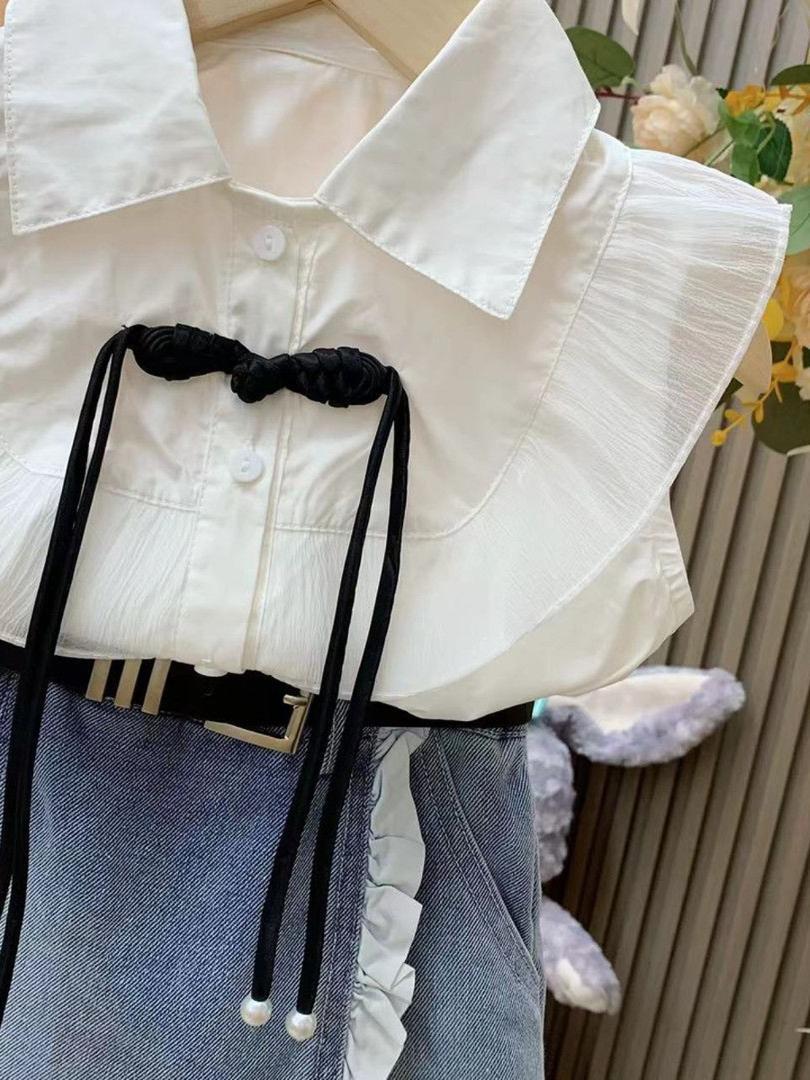 Girls princess style suit summer new baby girl flying sleeve shirt + denim lace skirt pants two-piece suit    (Available)