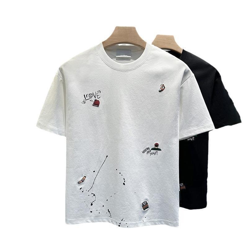 Men's Clothing New Korean Fashion Embroidered T-shirt Short-sleeved Bottoming Shirt 2024 Summer New Versatile Round Neck Top