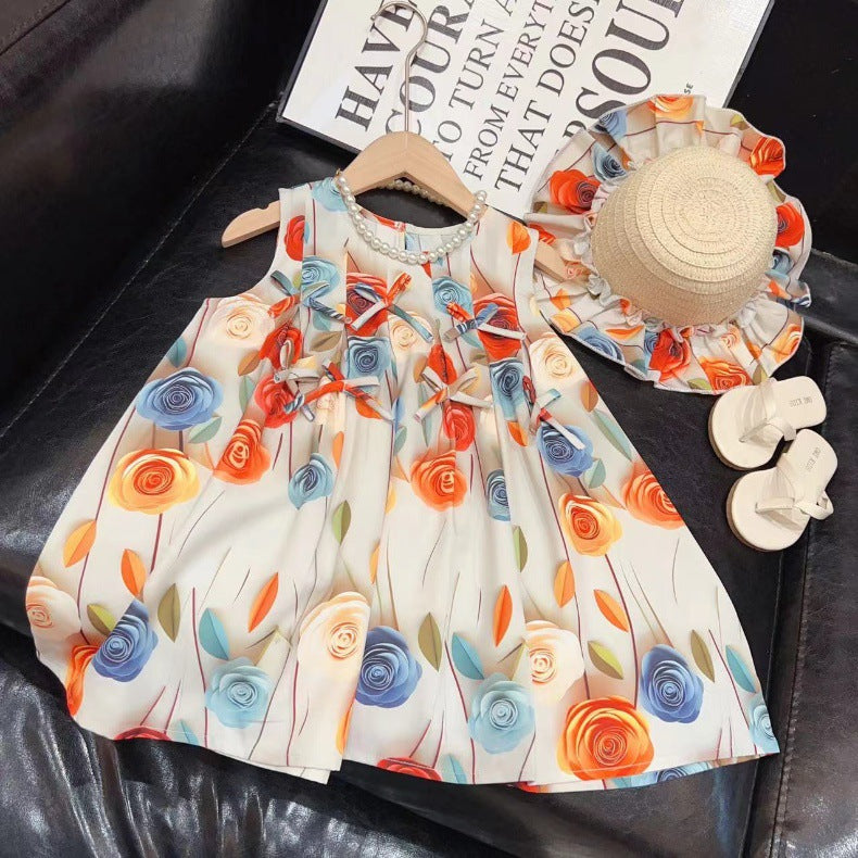 Girls Rose Flower Bowknot Dress  Baby Sweet Princess Dress Sleeveless Vest Dress with Hat