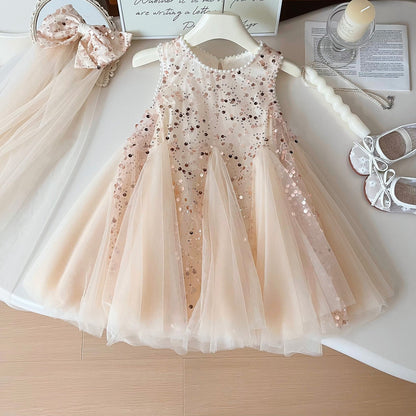 Summer New Korean Girls Beaded Sleeveless Dress Girls Sequined Mesh Princess Dress (Available)