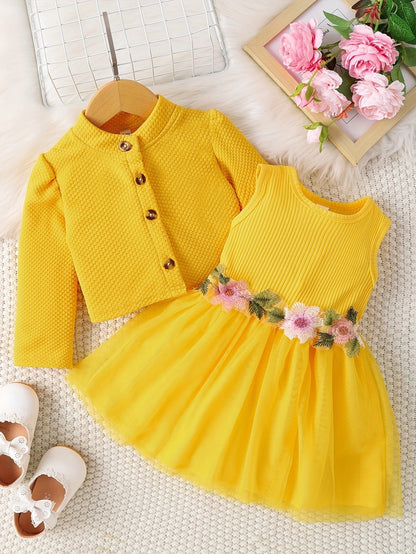 Girl's spring and autumn style waist flower design dress (Available)