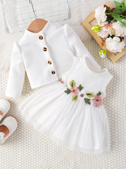 Girl's spring and autumn style waist flower design dress (Available)