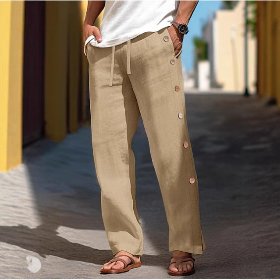 Men's Linen Trousers Drawstring Elastic Waist Side Buckle Solid Color Breathable Comfortable    (Available)
