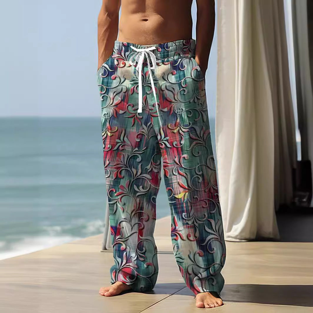 Autumn Men's Health Cloth Straight-leg Pants 3D Digital Vintage Print Ethnic Style Baggy Pant